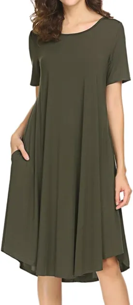 Locryz Women's Short Sleeve Pocket Swing Midi Dress Casual Loose T-Shirt Dress