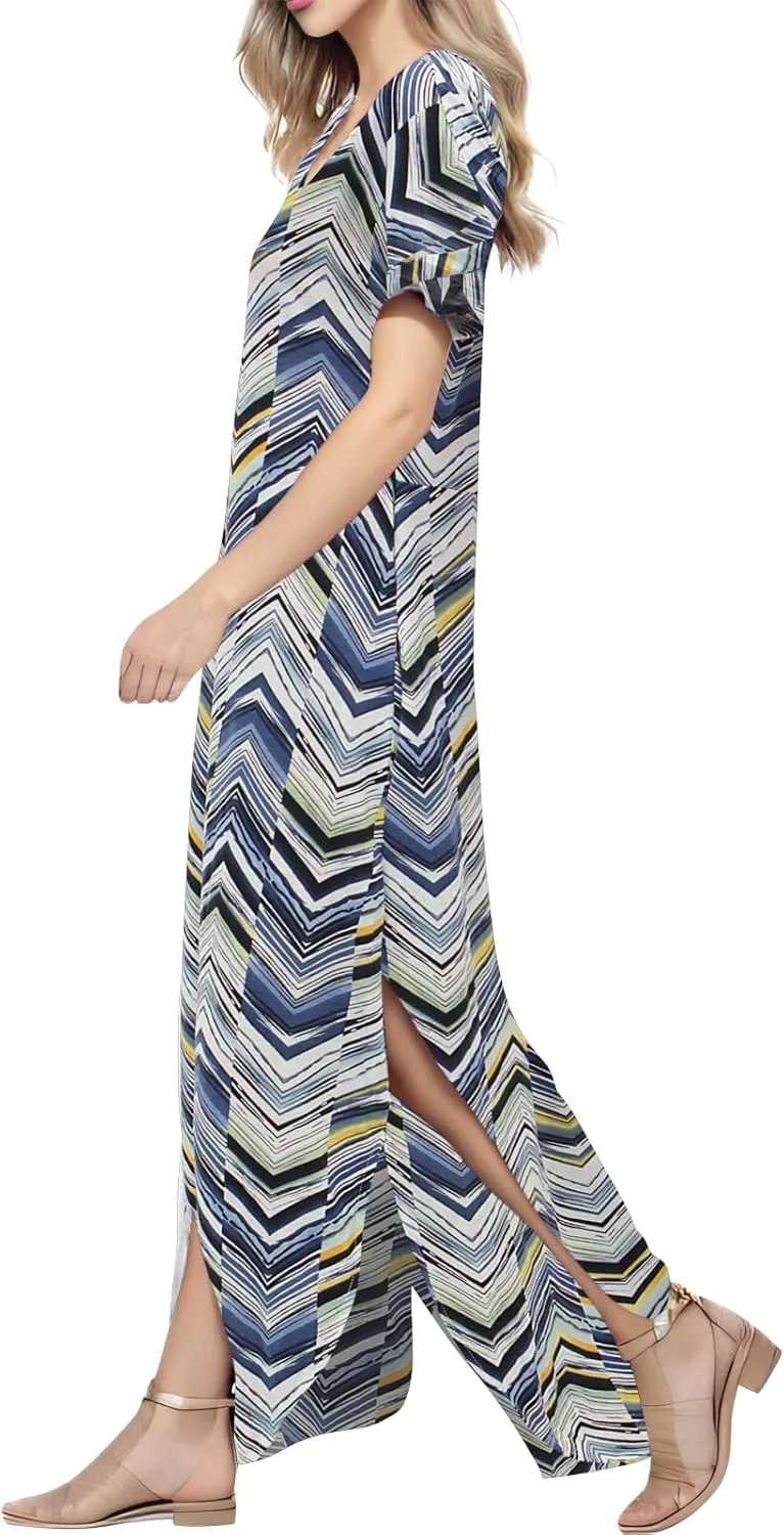 Match Women's V-Neck Casual Loose Short Sleeve Long T-Shirt Dress Split Maxi Dress with Side Pocket