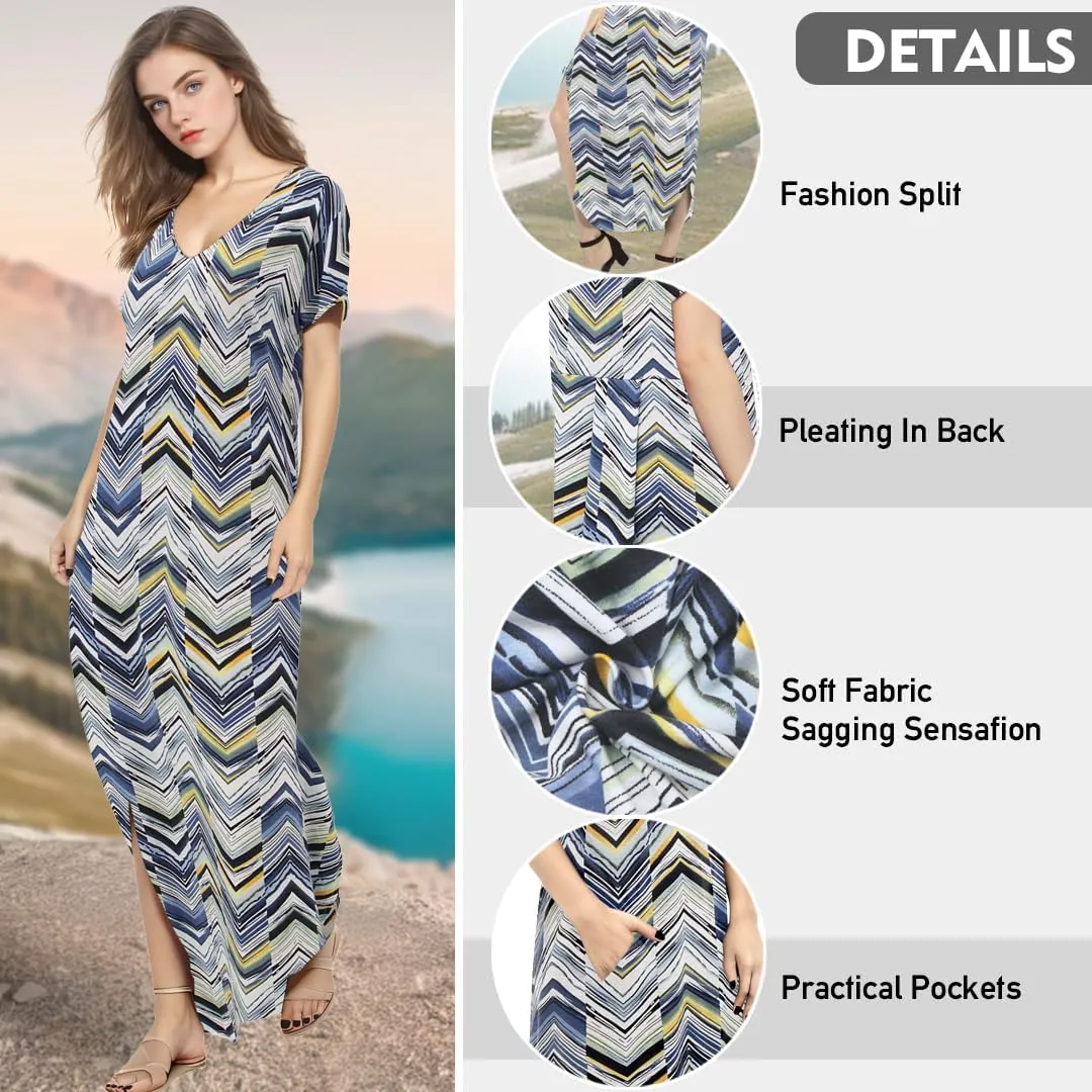 Match Women's V-Neck Casual Loose Short Sleeve Long T-Shirt Dress Split Maxi Dress with Side Pocket