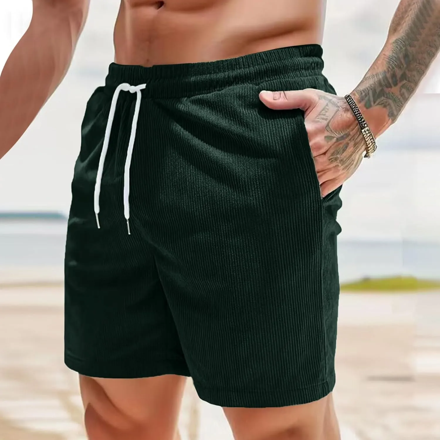 Men's Corduroy Shorts Loose Casual Elastic High Waist Drawstring Lightweight Comfy Summer Beach Shorts with Pockets