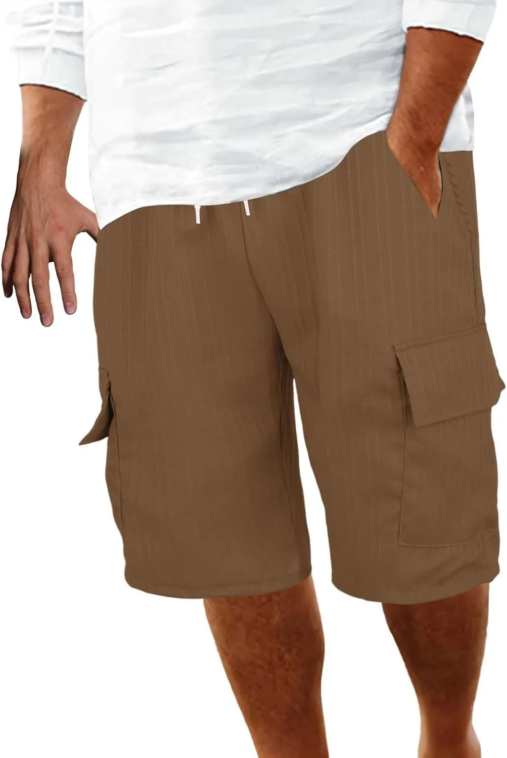 Men's Cotton Linen Cargo Shorts Ribbed Elastic Drawstring Waist Bermuda Shorts Summer Casual Beach with Pockets