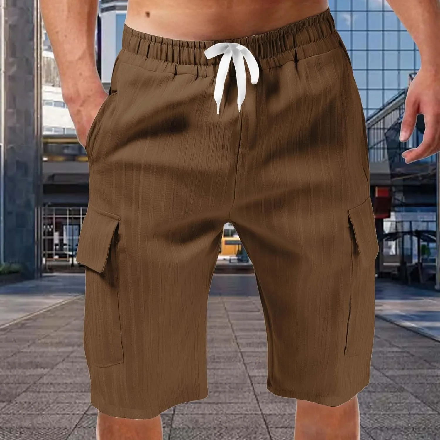 Men's Cotton Linen Cargo Shorts Ribbed Elastic Drawstring Waist Bermuda Shorts Summer Casual Beach with Pockets