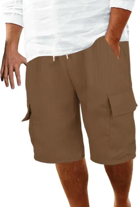 Men's Cotton Linen Cargo Shorts Ribbed Elastic Drawstring Waist Bermuda Shorts Summer Casual Beach with Pockets