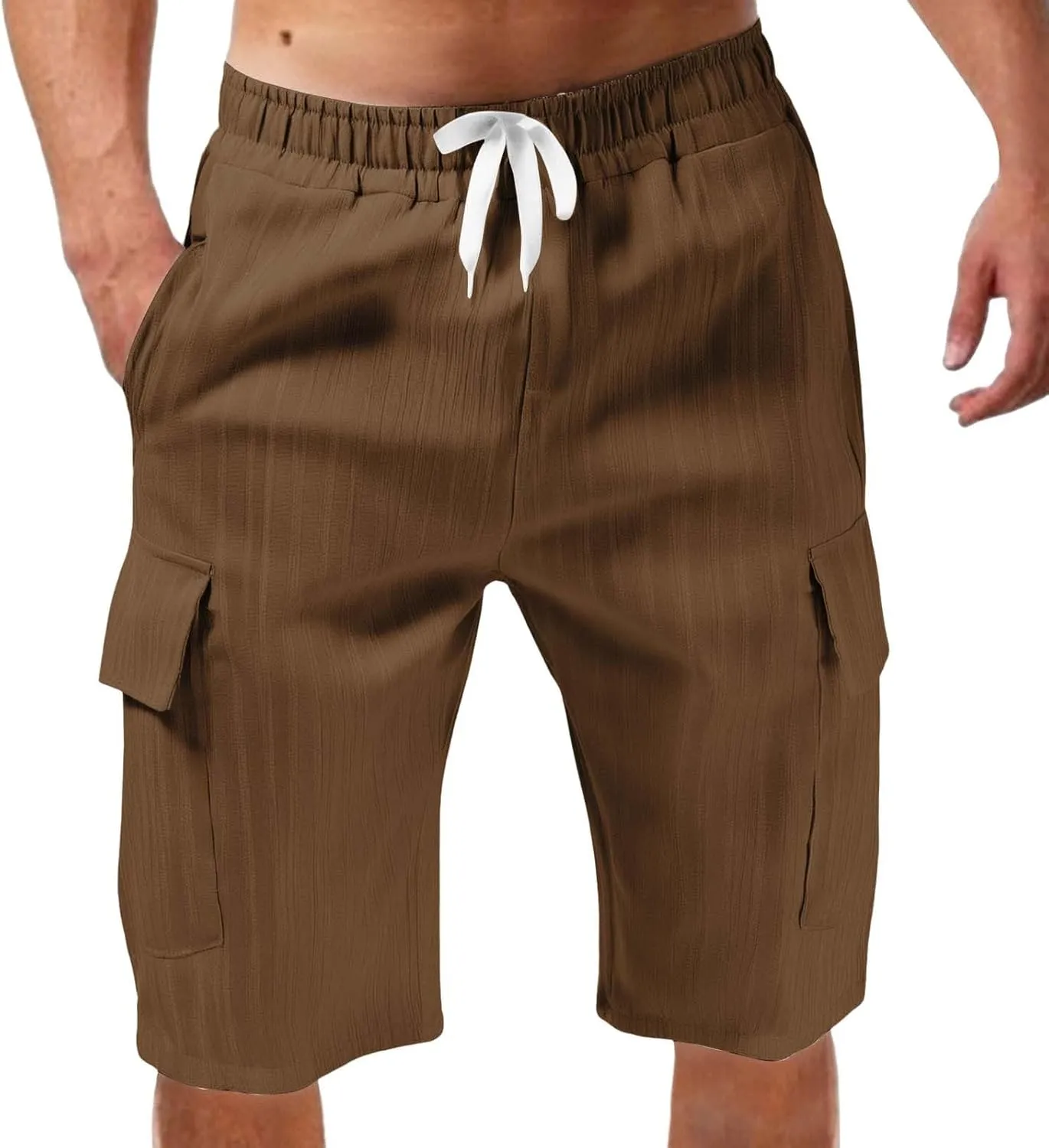 Men's Cotton Linen Cargo Shorts Ribbed Elastic Drawstring Waist Bermuda Shorts Summer Casual Beach with Pockets
