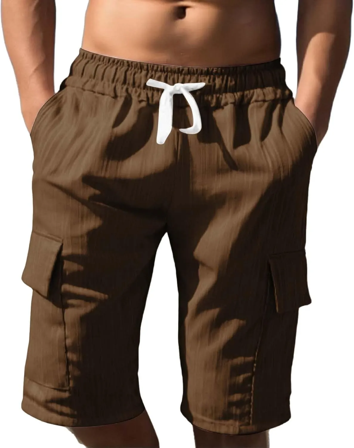 Men's Cotton Linen Cargo Shorts Ribbed Elastic Drawstring Waist Bermuda Shorts Summer Casual Beach with Pockets