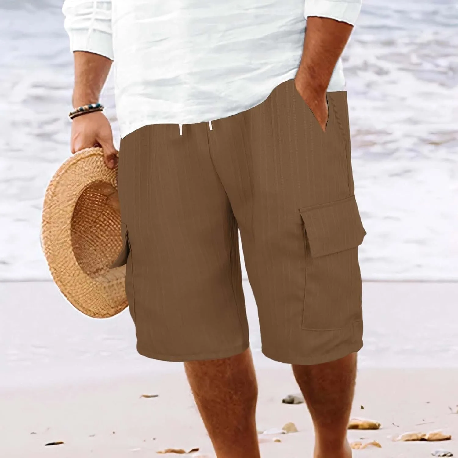Men's Cotton Linen Cargo Shorts Ribbed Elastic Drawstring Waist Bermuda Shorts Summer Casual Beach with Pockets