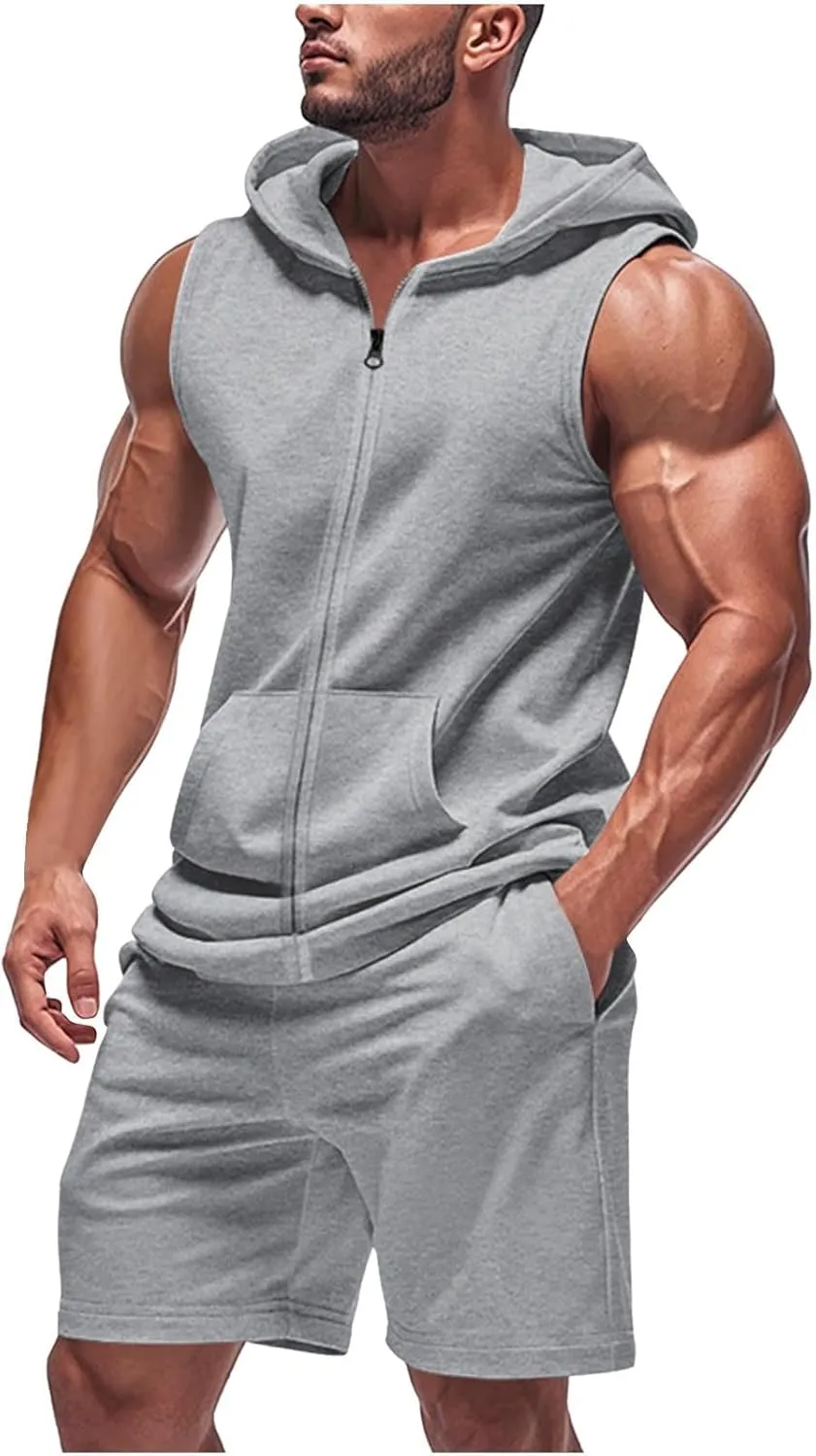 Men's Sleeveless Zip Up Workout Hoodie Tank Tops and Shorts Sweatsuits 2 Piece Outfits Casual Running Gym Tracksuit