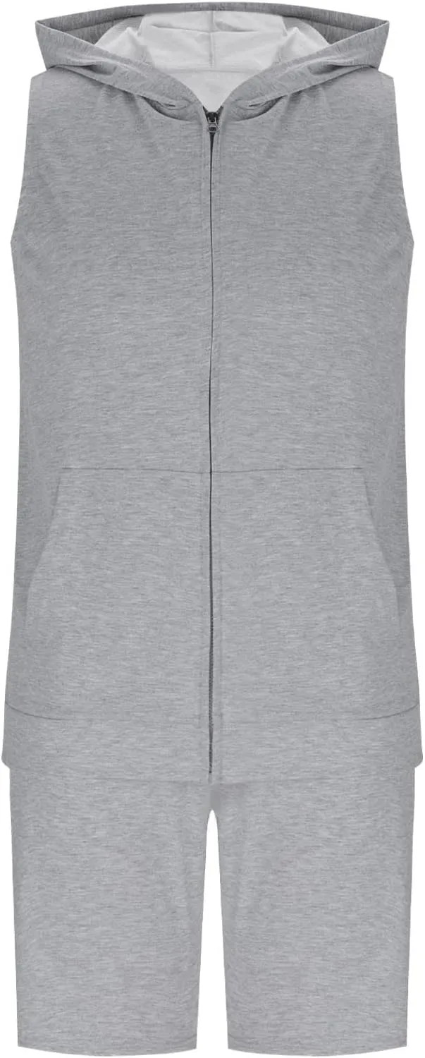 Men's Sleeveless Zip Up Workout Hoodie Tank Tops and Shorts Sweatsuits 2 Piece Outfits Casual Running Gym Tracksuit