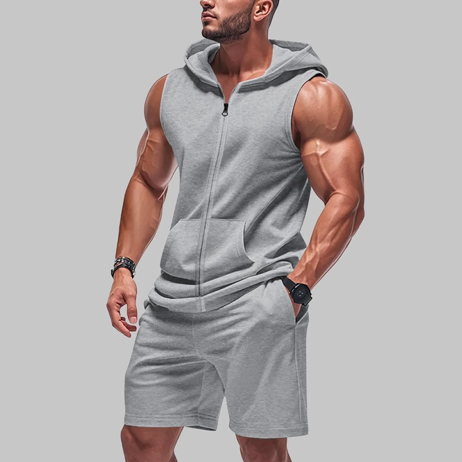 Men's Sleeveless Zip Up Workout Hoodie Tank Tops and Shorts Sweatsuits 2 Piece Outfits Casual Running Gym Tracksuit