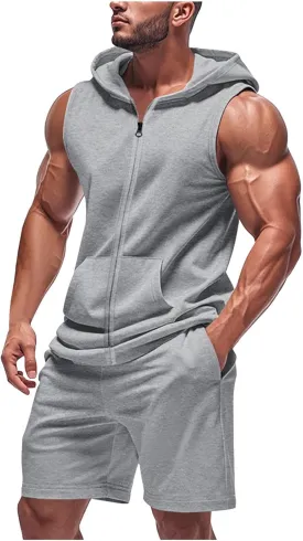 Men's Sleeveless Zip Up Workout Hoodie Tank Tops and Shorts Sweatsuits 2 Piece Outfits Casual Running Gym Tracksuit