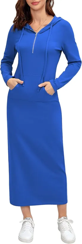 MISSKY Women Casual Pocket Quarter-Zip Neck 3/4 Sleeve Slim Split Pullover Hoodie Maxi Dress