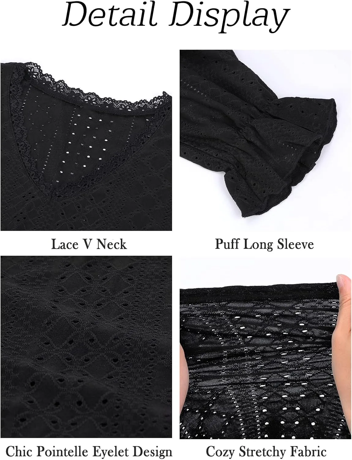 Misyula Womens Lace V Neck Puff Long Sleeve Eyelet Tops Dressy Business Casual Work Shirts Blouse S-XXL