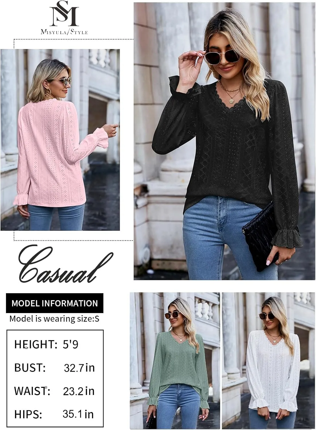 Misyula Womens Lace V Neck Puff Long Sleeve Eyelet Tops Dressy Business Casual Work Shirts Blouse S-XXL