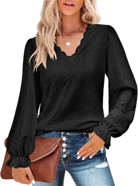 Misyula Womens Lace V Neck Puff Long Sleeve Eyelet Tops Dressy Business Casual Work Shirts Blouse S-XXL