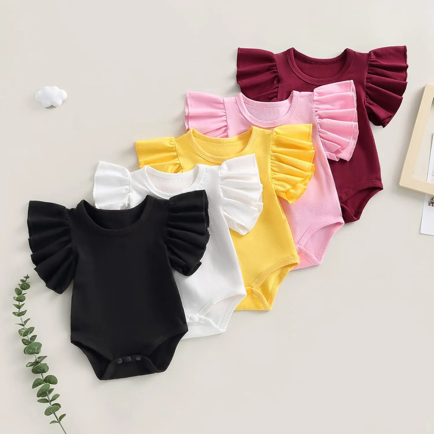 Newborn Baby Girl Ruffle Sleeve Romper T Shirt Cotton Solid Color Onesie Bodysuit Basic Tee Tops Summer Clothes