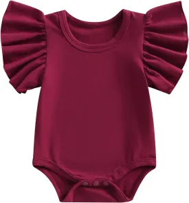 Newborn Baby Girl Ruffle Sleeve Romper T Shirt Cotton Solid Color Onesie Bodysuit Basic Tee Tops Summer Clothes