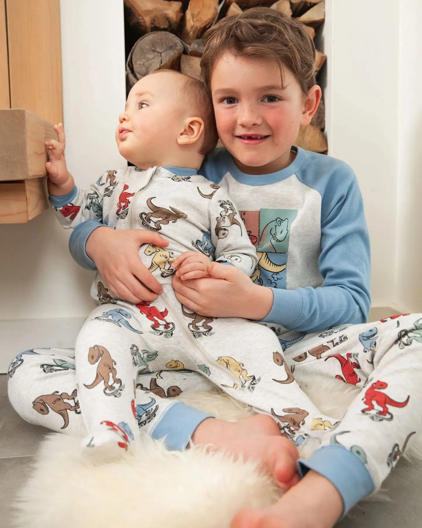 Organic Cotton Two Piece Boys Pajama Set Oatmeal Mix Dinosaur Print