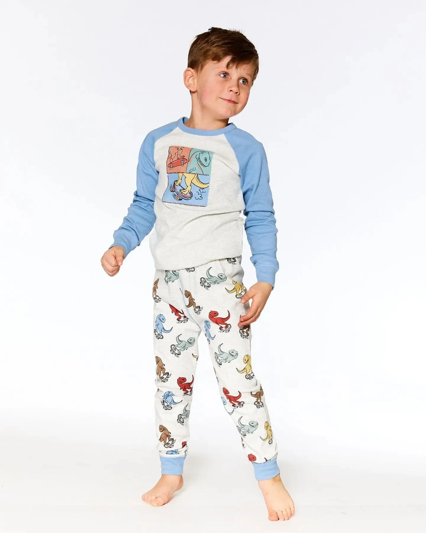 Organic Cotton Two Piece Boys Pajama Set Oatmeal Mix Dinosaur Print