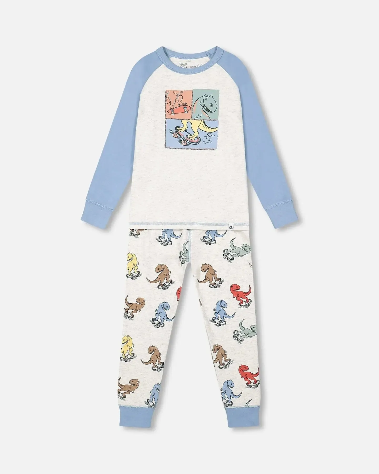 Organic Cotton Two Piece Boys Pajama Set Oatmeal Mix Dinosaur Print