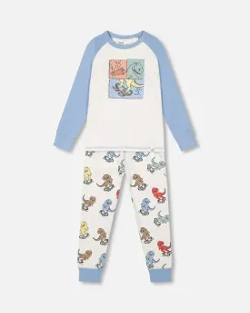 Organic Cotton Two Piece Boys Pajama Set Oatmeal Mix Dinosaur Print