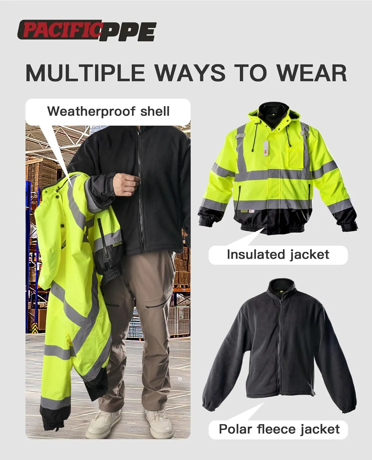 PACIFIC High Visibility Reflective Jackets for Men, Waterproof Class 3 Safety Jacket with Pockets, Bomber Safety Jacket, Mens Work Construction Coats for Cold Weather, X-Large