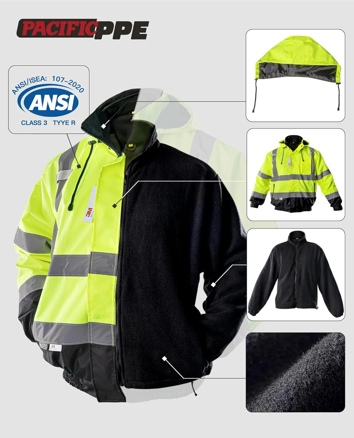 PACIFIC High Visibility Reflective Jackets for Men, Waterproof Class 3 Safety Jacket with Pockets, Bomber Safety Jacket, Mens Work Construction Coats for Cold Weather, X-Large