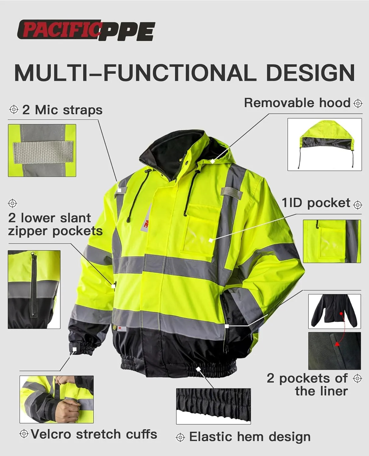 PACIFIC High Visibility Reflective Jackets for Men, Waterproof Class 3 Safety Jacket with Pockets, Bomber Safety Jacket, Mens Work Construction Coats for Cold Weather, X-Large