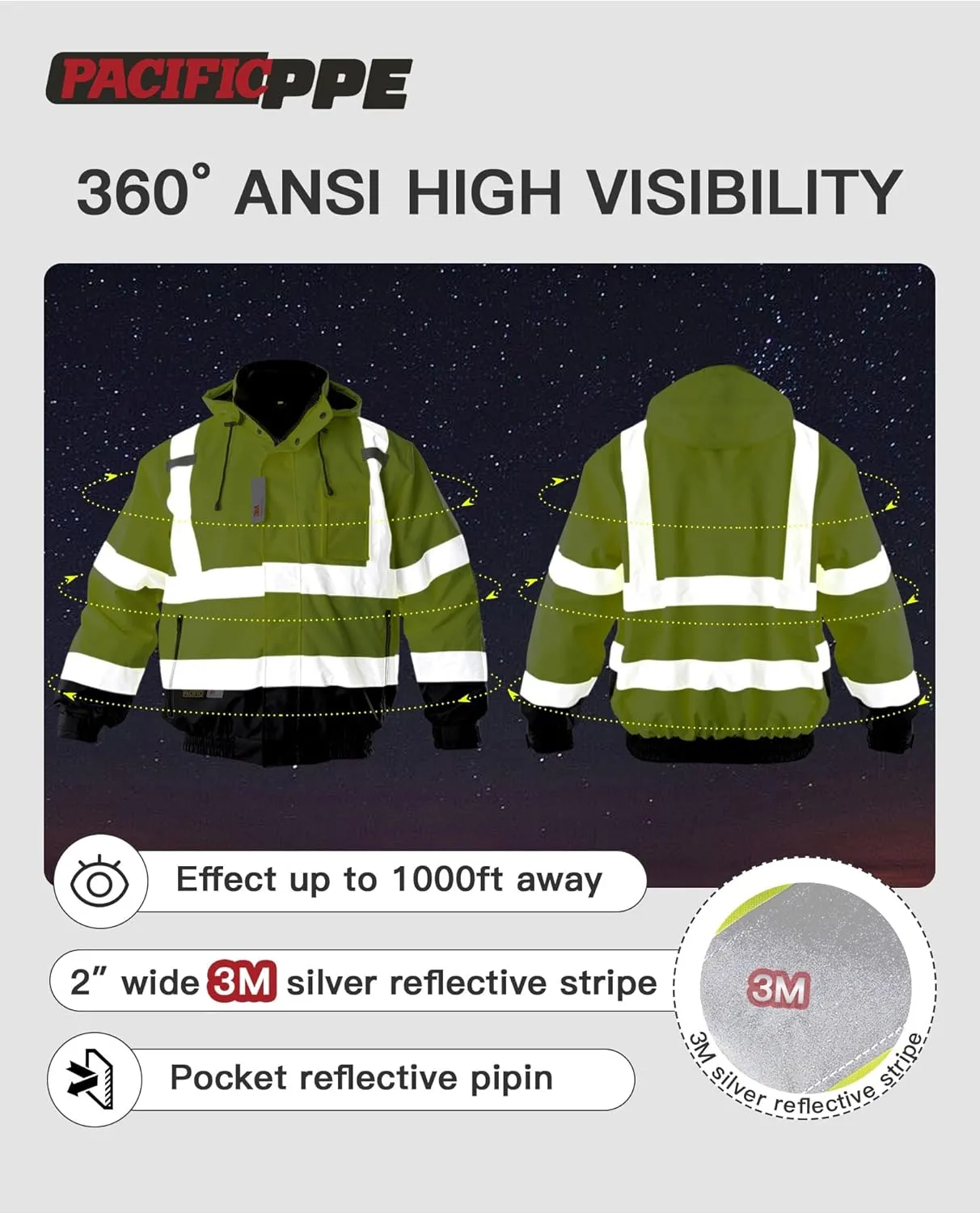 PACIFIC High Visibility Reflective Jackets for Men, Waterproof Class 3 Safety Jacket with Pockets, Bomber Safety Jacket, Mens Work Construction Coats for Cold Weather, X-Large