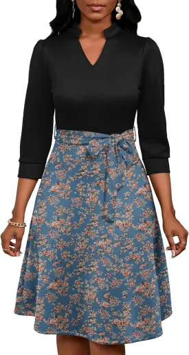 PerZeal Women's Casual Flowy A-Line Midi Dress Flared V-Neck Colorblock Print for Wedding Guest 3/4 Sleeve Dress with Belt