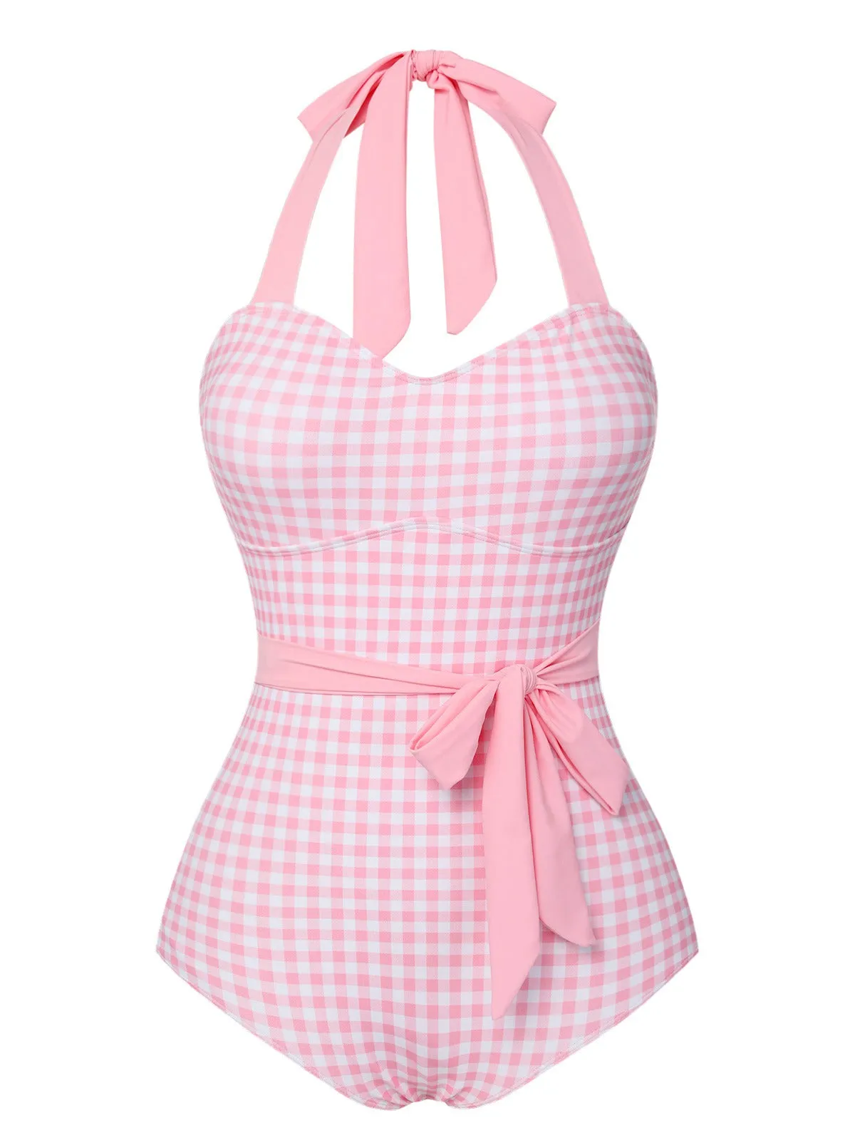 Pink 1940s Plaid Halter One-Piece Swimsuit