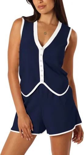 Pink Queen Vest Sets Women 2 Piece Outfits 2025 Summer Casual Knit Loungewear Sleeveless Button Down Top Matching Shorts Set