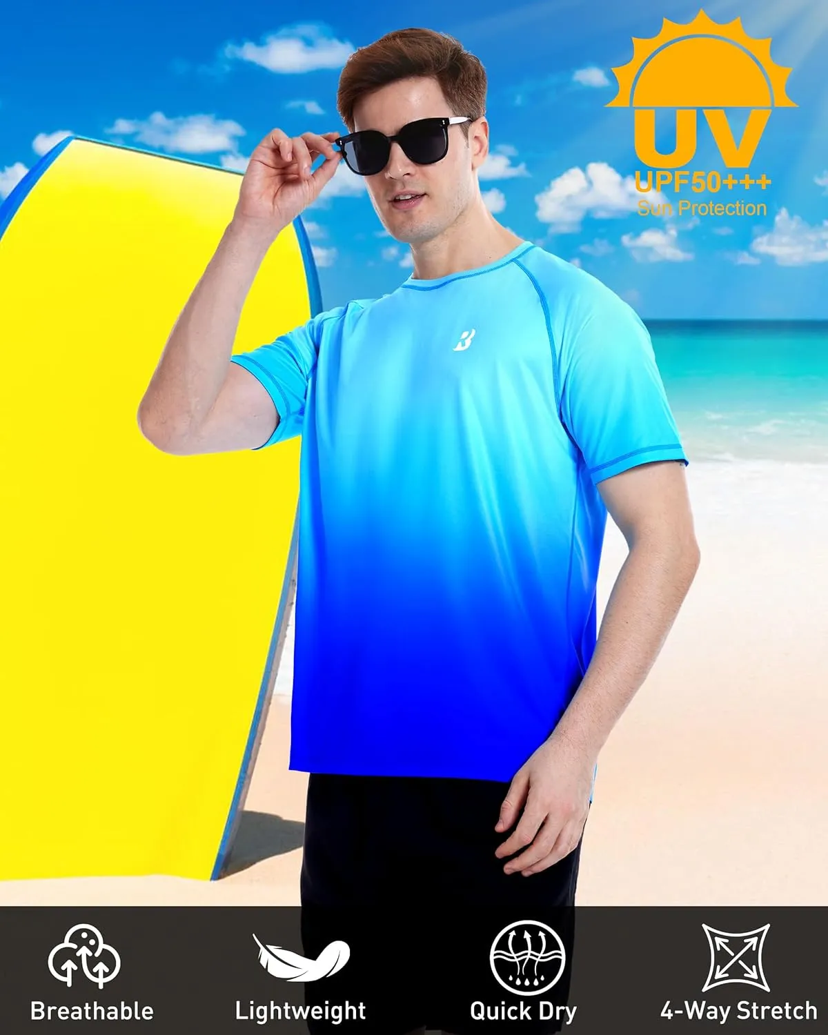 Roadbox Men's Swim Shirts Short Sleeve, UPF 50  UV Sun Protection SPF Rash Guard, Quick Dry Surf Water Beach Fishing T Shirt