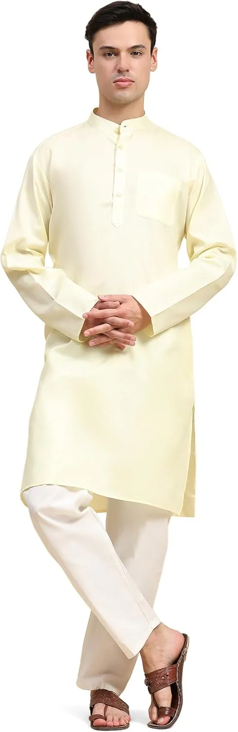 SKAVIJ Men's Cotton Henley Kurta Set Mandarin Collar Regular Fit Long Sleeves Ethnic Dress