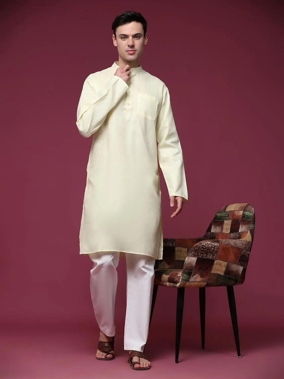 SKAVIJ Men's Cotton Henley Kurta Set Mandarin Collar Regular Fit Long Sleeves Ethnic Dress