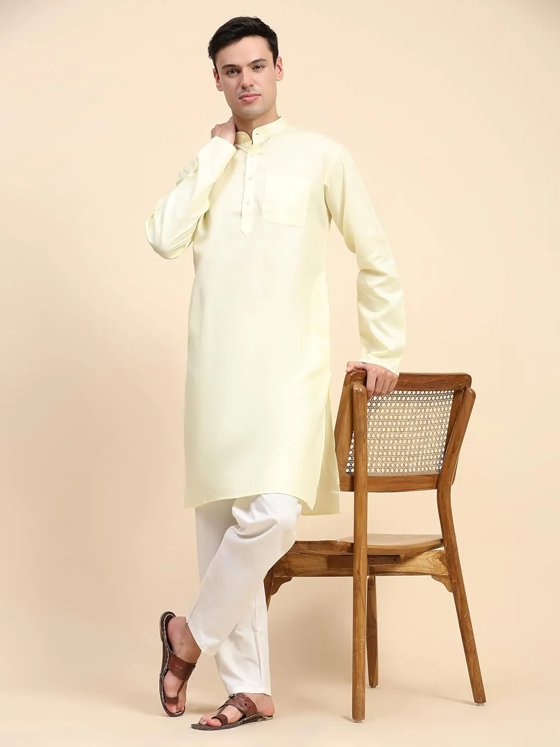 SKAVIJ Men's Cotton Henley Kurta Set Mandarin Collar Regular Fit Long Sleeves Ethnic Dress