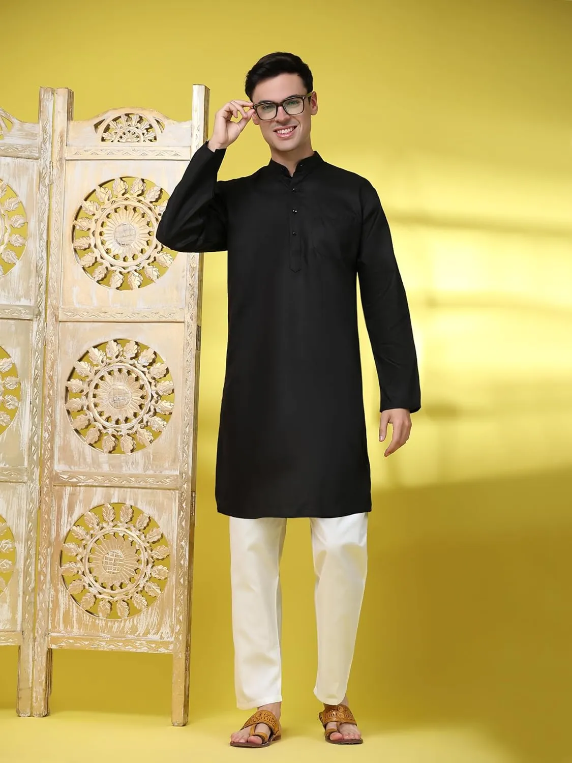 SKAVIJ Men's Cotton Henley Kurta Set Mandarin Collar Regular Fit Long Sleeves Ethnic Dress