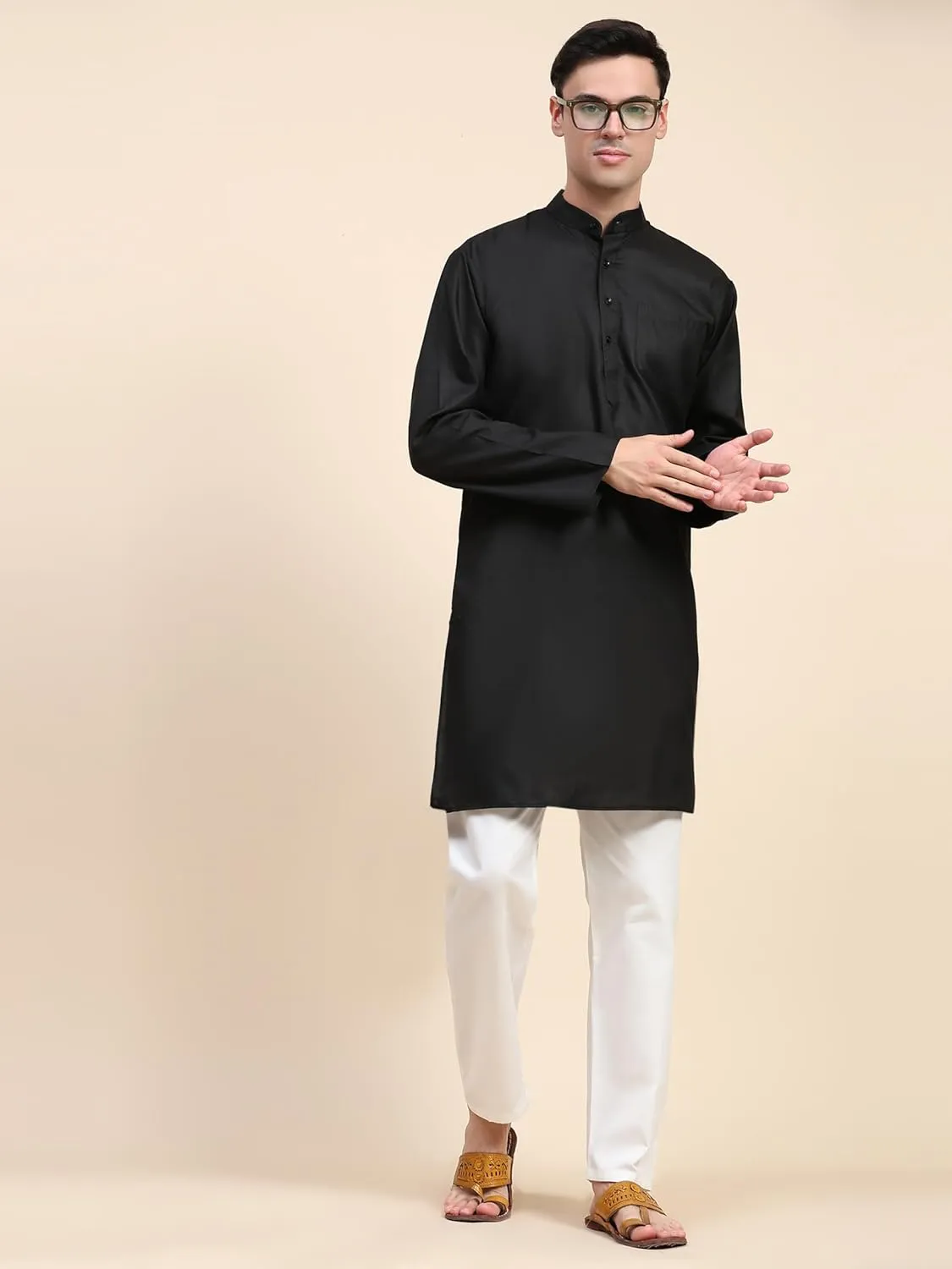 SKAVIJ Men's Cotton Henley Kurta Set Mandarin Collar Regular Fit Long Sleeves Ethnic Dress