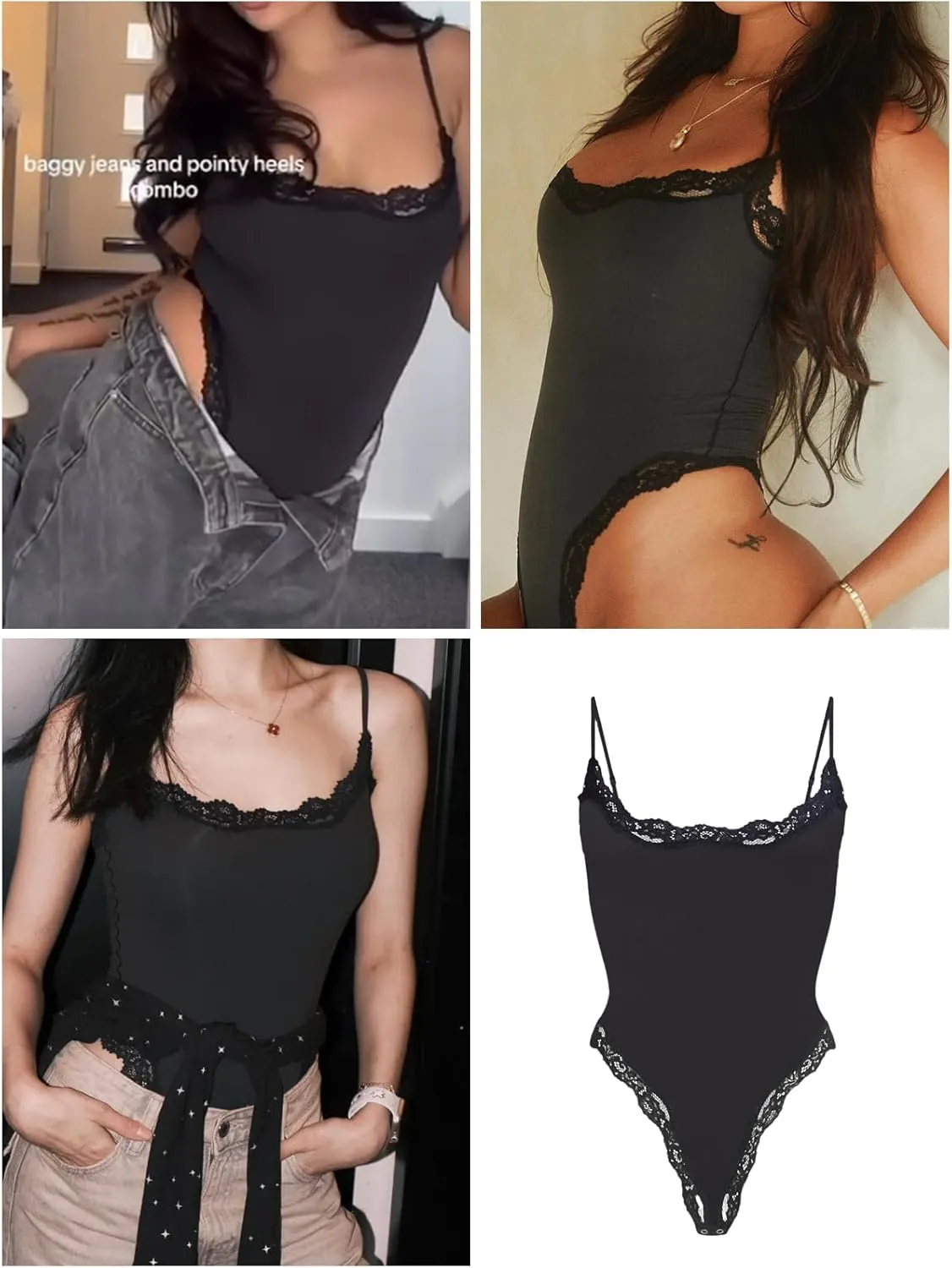 Starrylion Lace Body Suit Square Neck Tops for Women Sleeveless Spaghetti Strap Tank Top Bodysuits for Women Sexy Jumpsuit