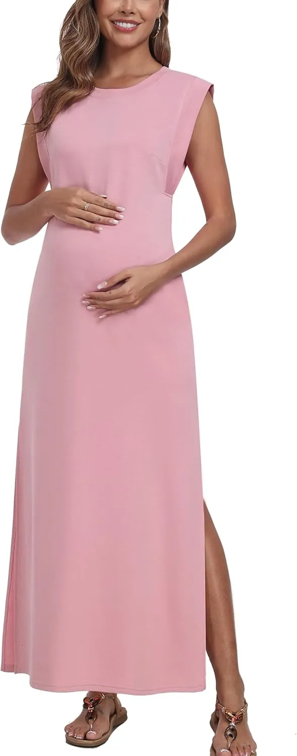 Summer Sleeveless Maternity Dress, Casual Loose Split Wrinkle-Free Long Maxi Dress with Pockets