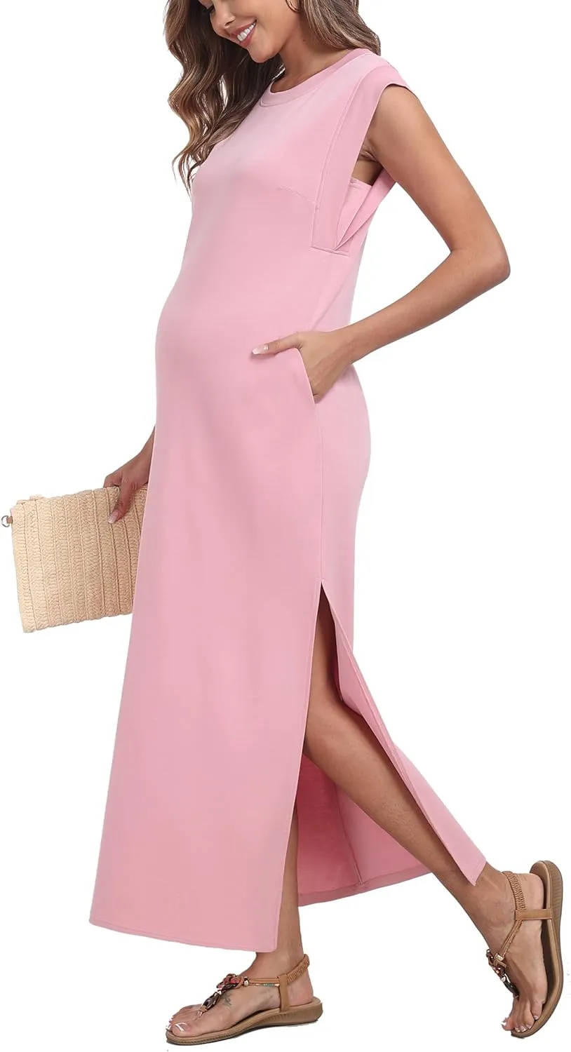 Summer Sleeveless Maternity Dress, Casual Loose Split Wrinkle-Free Long Maxi Dress with Pockets