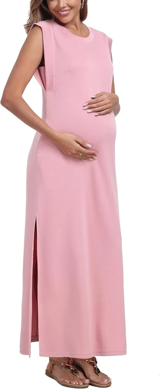 Summer Sleeveless Maternity Dress, Casual Loose Split Wrinkle-Free Long Maxi Dress with Pockets