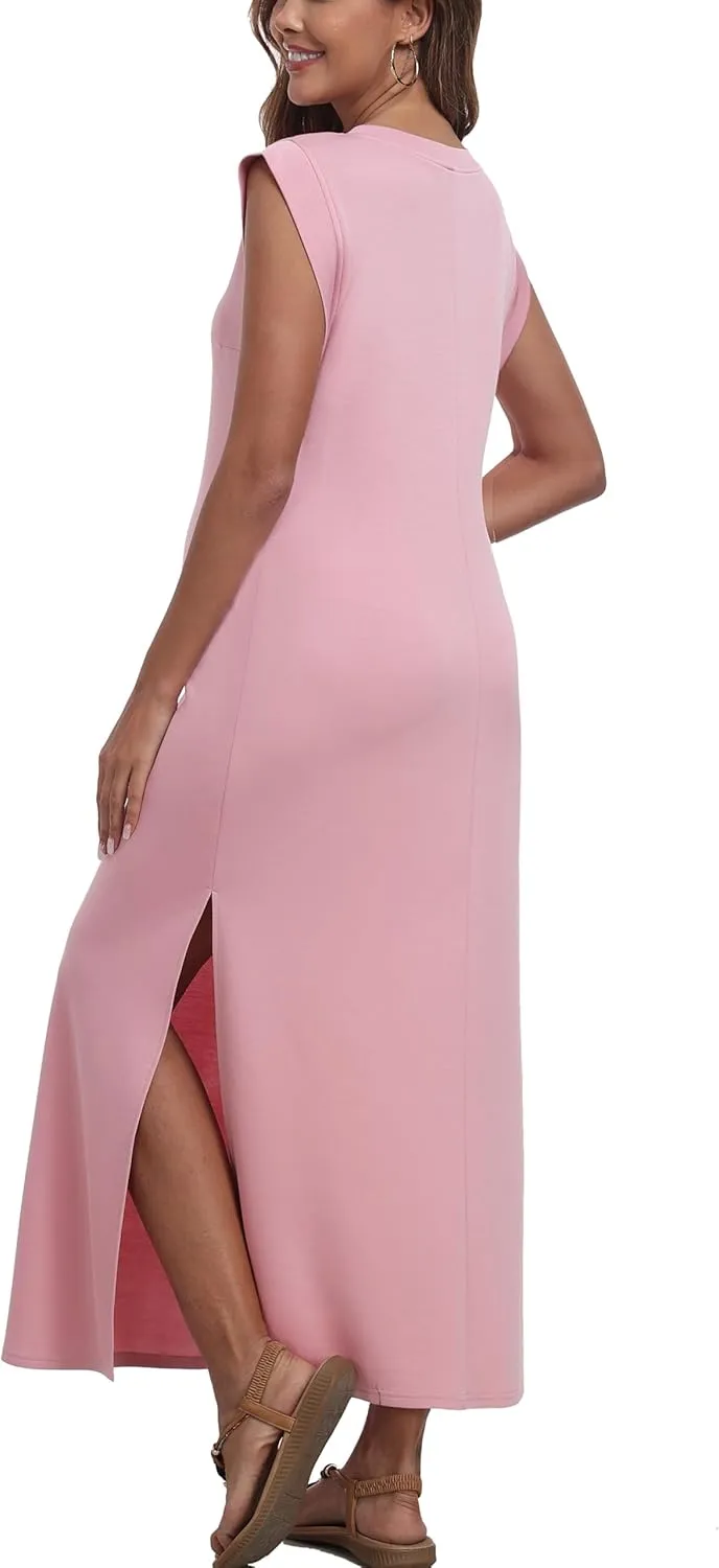 Summer Sleeveless Maternity Dress, Casual Loose Split Wrinkle-Free Long Maxi Dress with Pockets