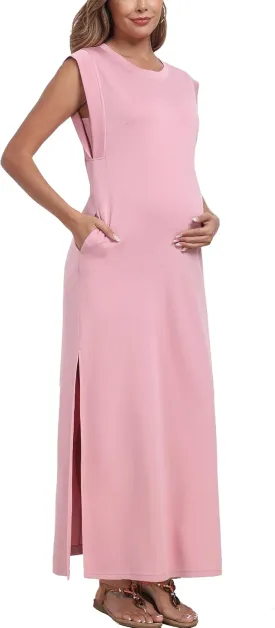 Summer Sleeveless Maternity Dress, Casual Loose Split Wrinkle-Free Long Maxi Dress with Pockets