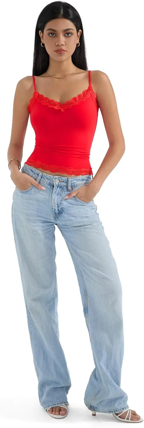 SUUKSESS Women Padded Lace Double Lined Tank Tops Sexy V Neck Summer Going Out Top