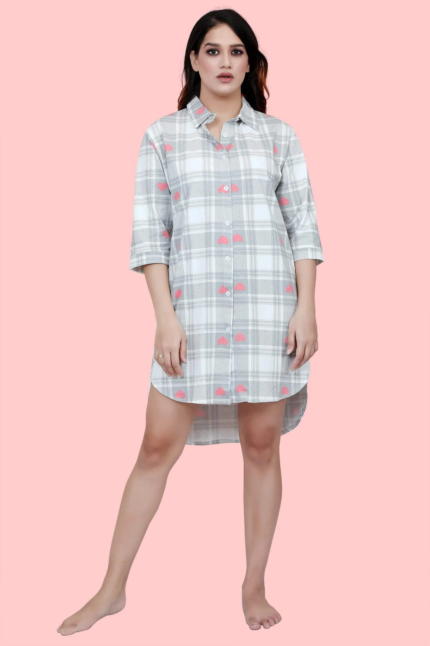 Velure Checked Heart Print Short Night Shirt