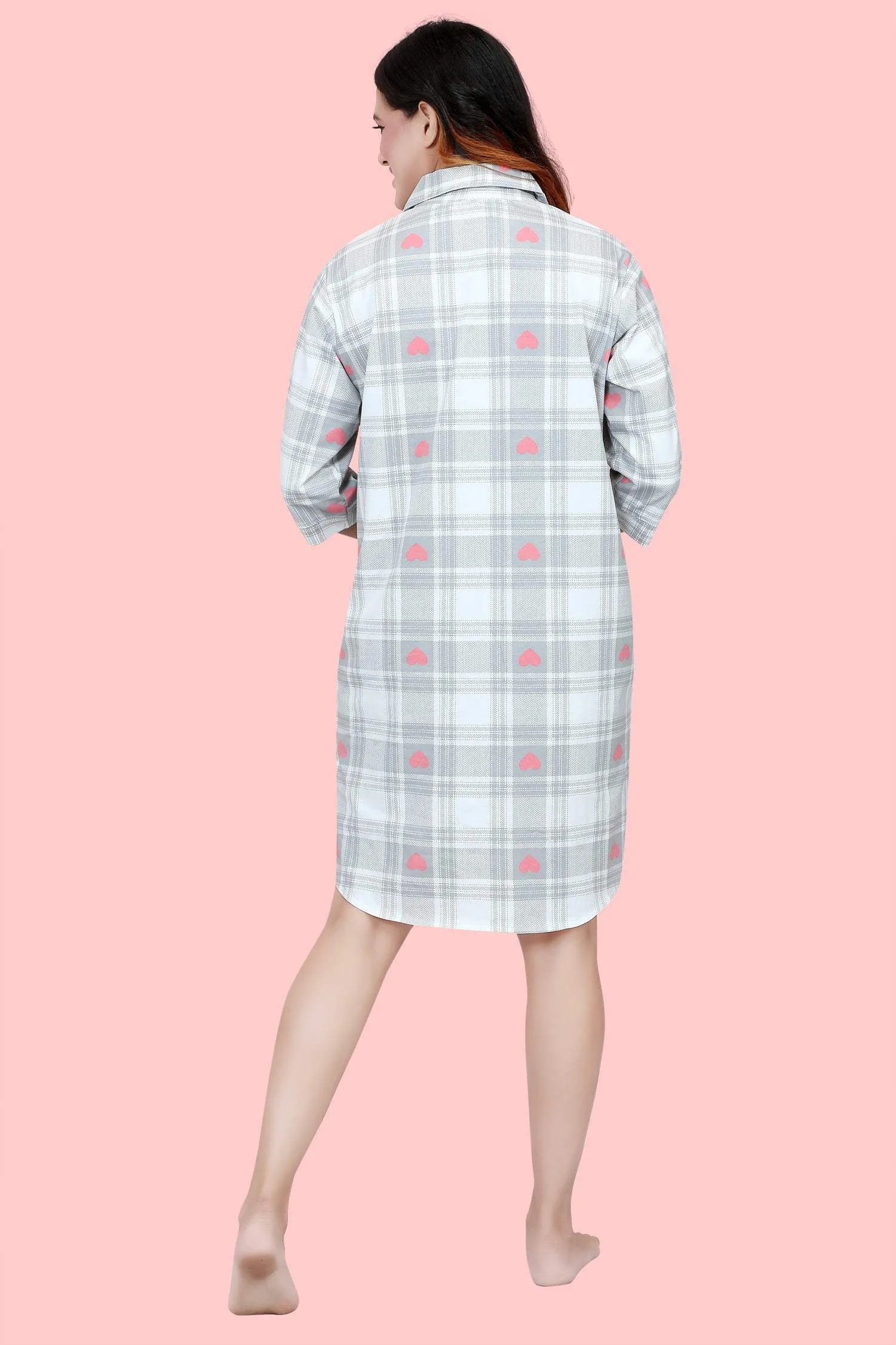 Velure Checked Heart Print Short Night Shirt