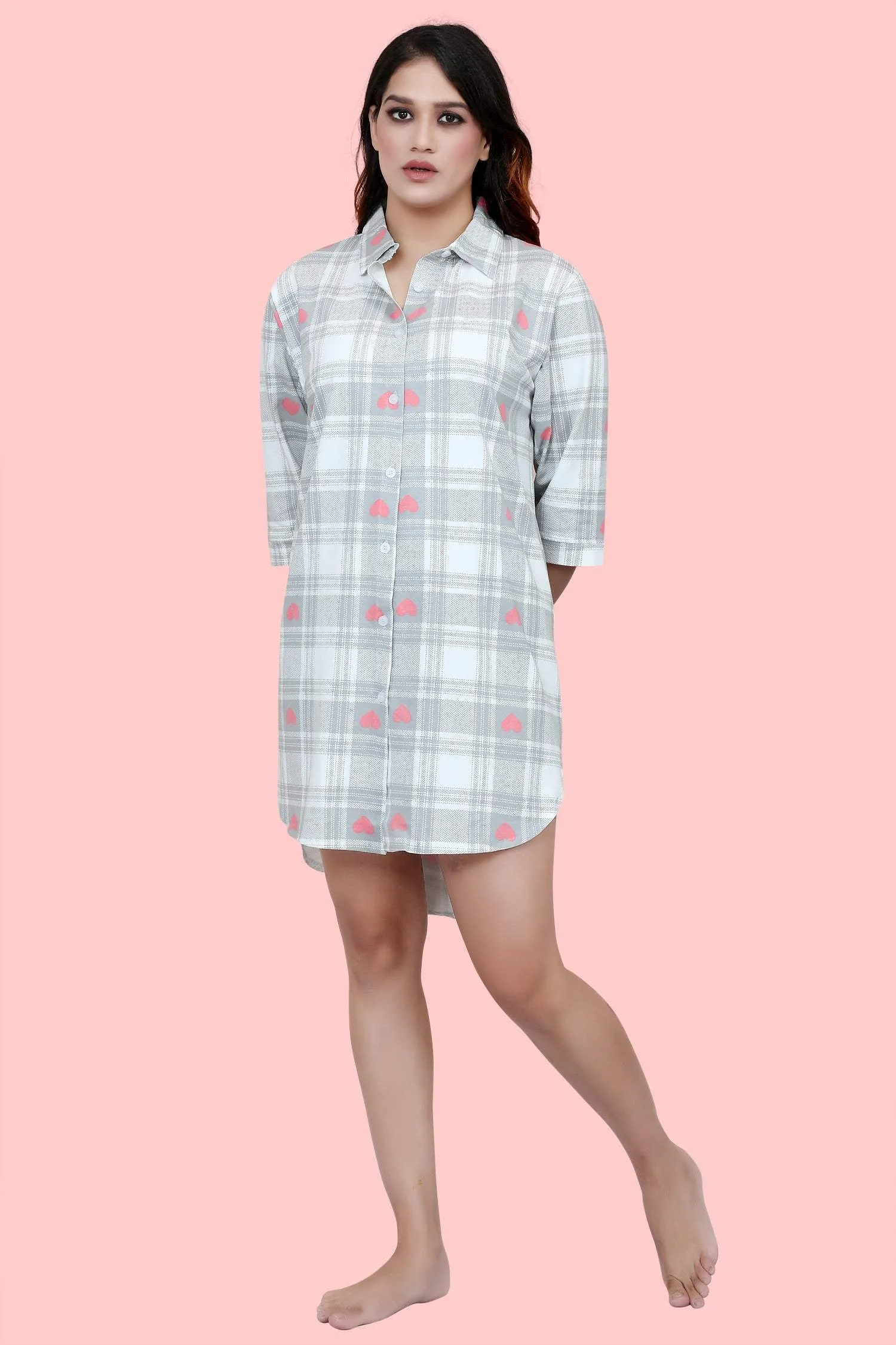 Velure Checked Heart Print Short Night Shirt