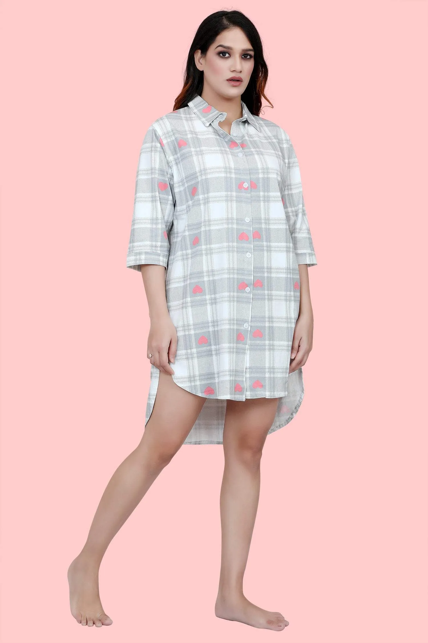 Velure Checked Heart Print Short Night Shirt