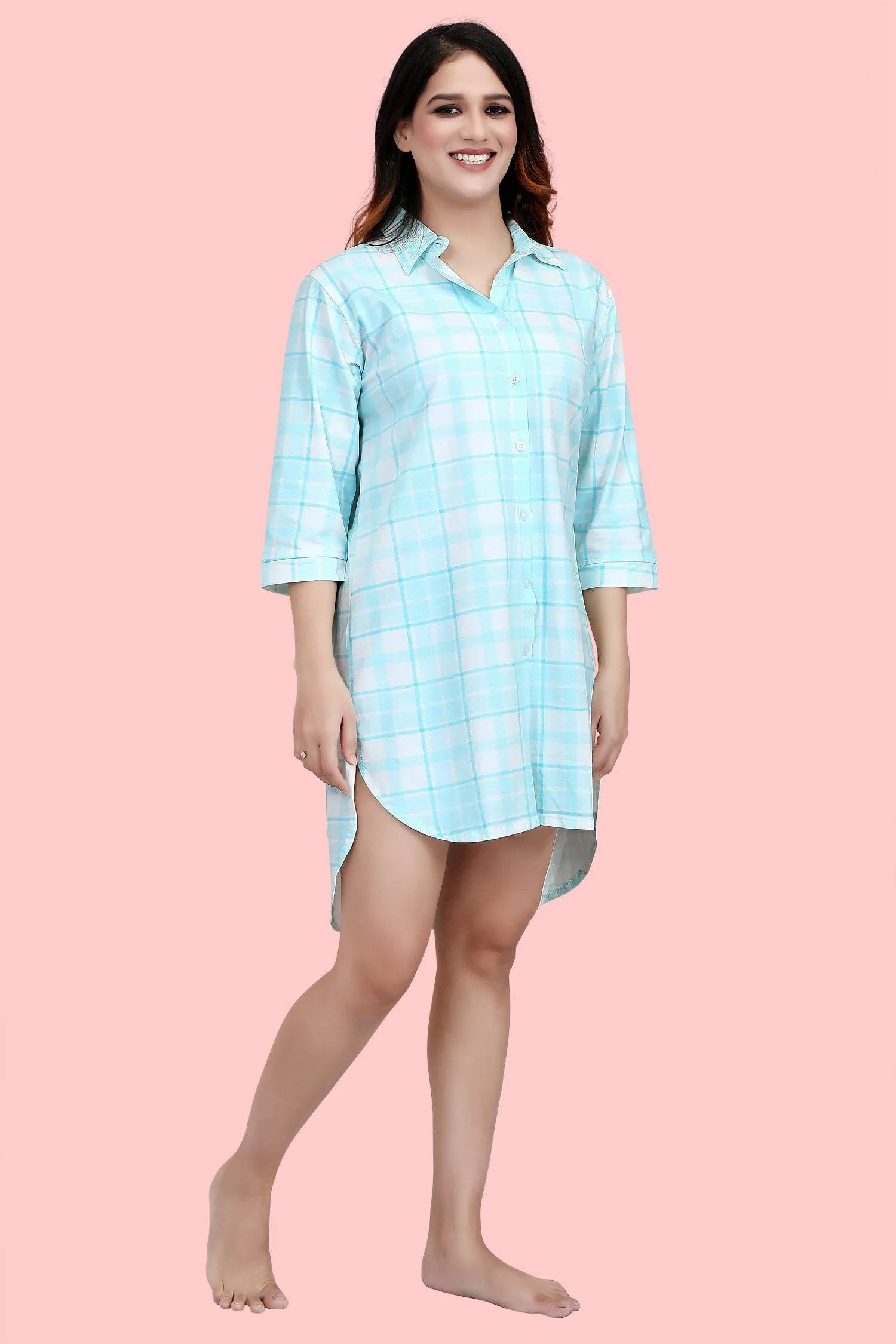 Velure Classic Blue Checkered Casual  Short Night Shirt