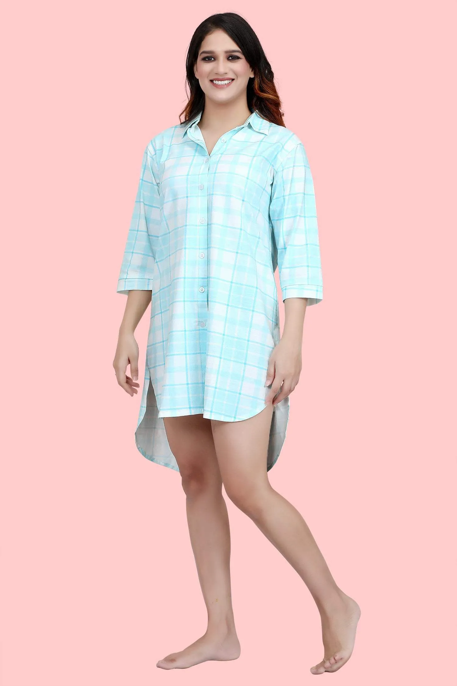 Velure Classic Blue Checkered Casual  Short Night Shirt